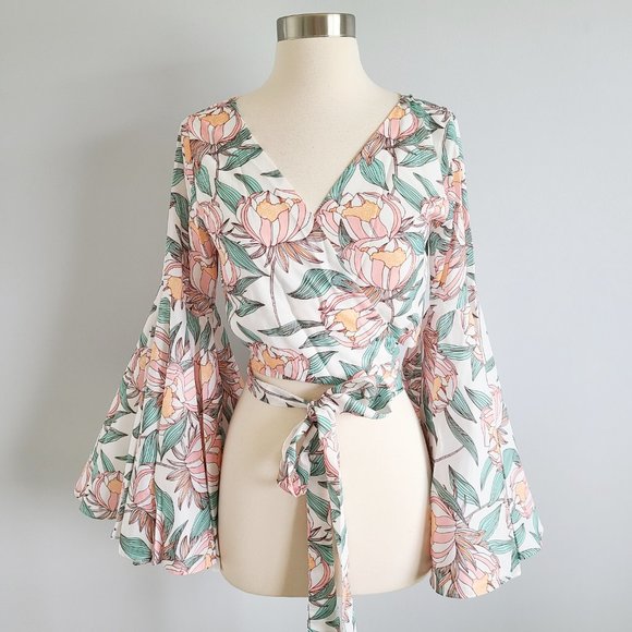 Gracia Tops - Gracia floral bell sleeve tie front top